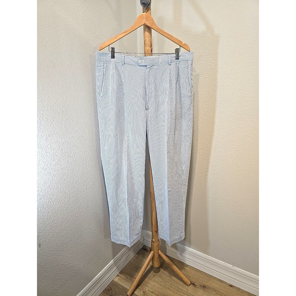 Paul Fredrick Mens Cotton Seersucker Chino Pants Sz 36 28 Blue White Stripe Cuff